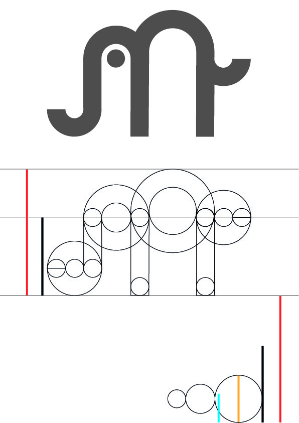 image of the roelifant logo, as wel as a sketch showing the skeleton of circles and lines that the logo was made of