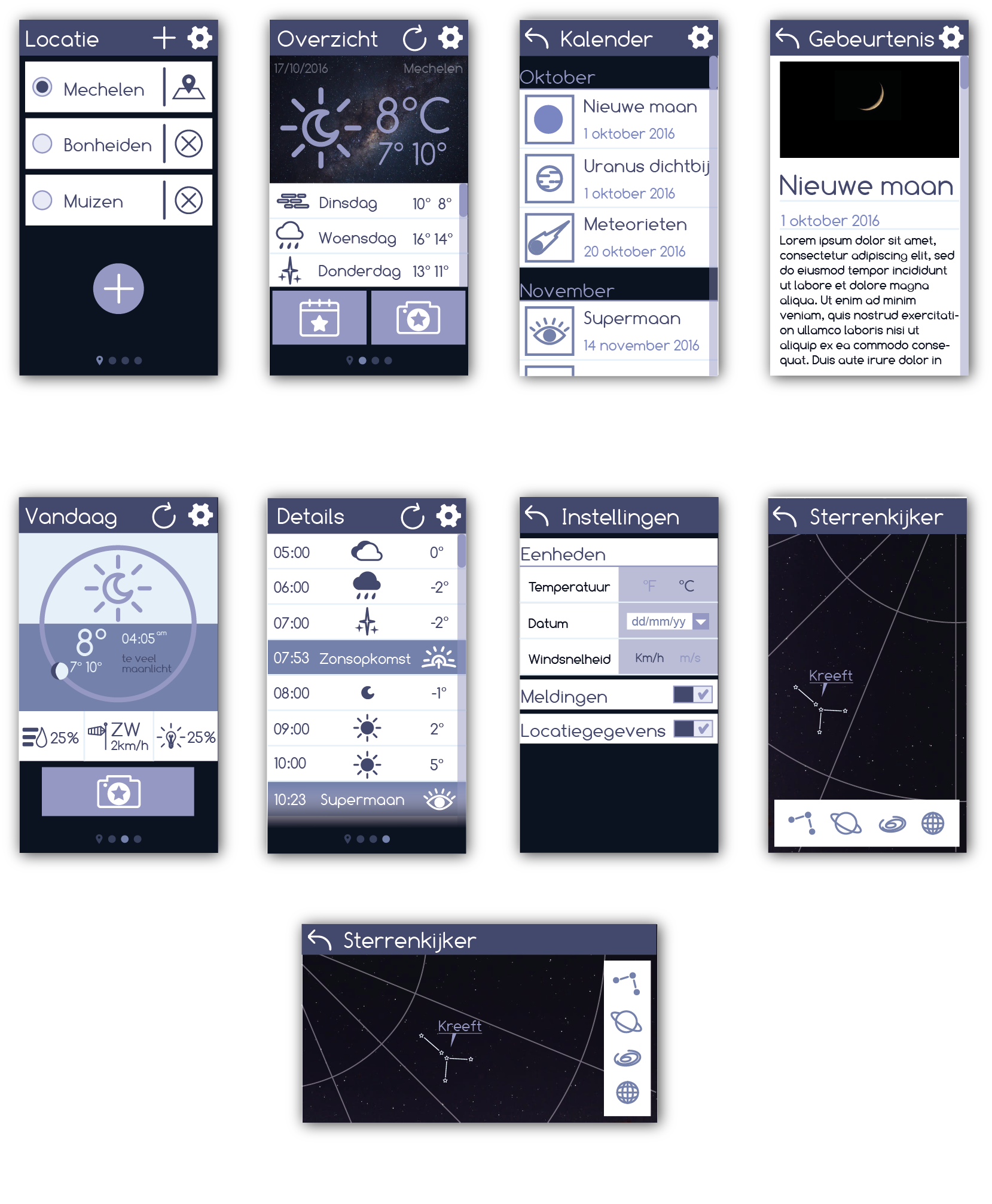 eight mockup screens for the astronomy-themed weather app